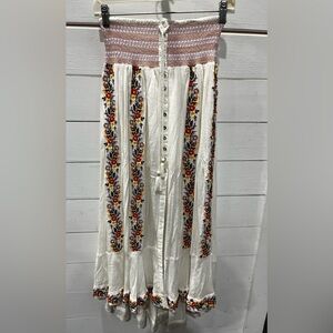 Patrons of Peace Embroidered Maxi Skirt | Boho Floral Smocked Waist—Medium